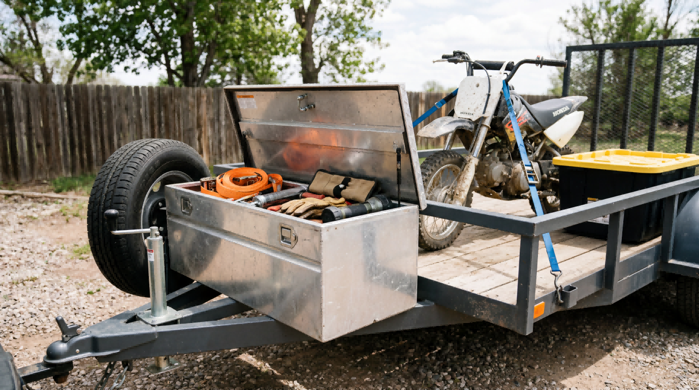 Open aluminum trailer tongue box on a utility trailer carrying a dirt bike, showing practical storage for straps, gloves, and mixed-use towing gear